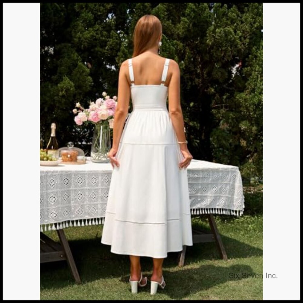 Summer Corset Midi Dress Elegant Square Neck Flowy A Line Wedding Guest - Picture 3 of 7